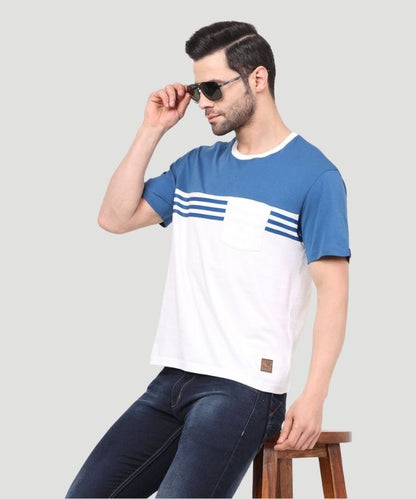 Men's White Colorblock Half Sleeves Regular Fit T-Shirt